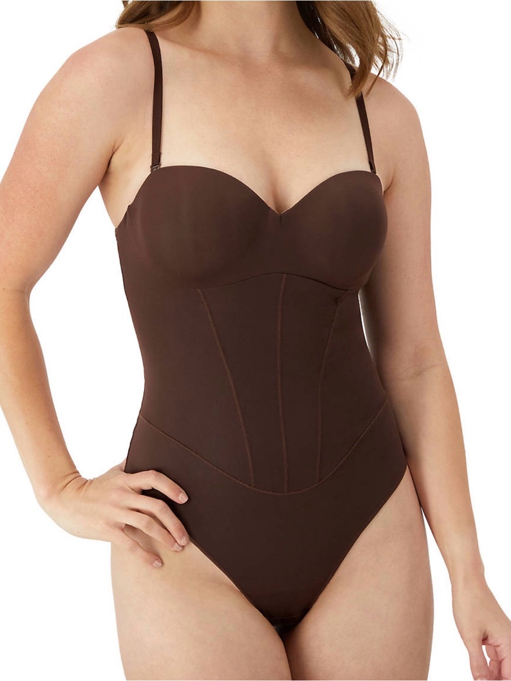 Maidenform Tummy Control Shapewear Thong Bodysuit,
#DMS131 Brown Large